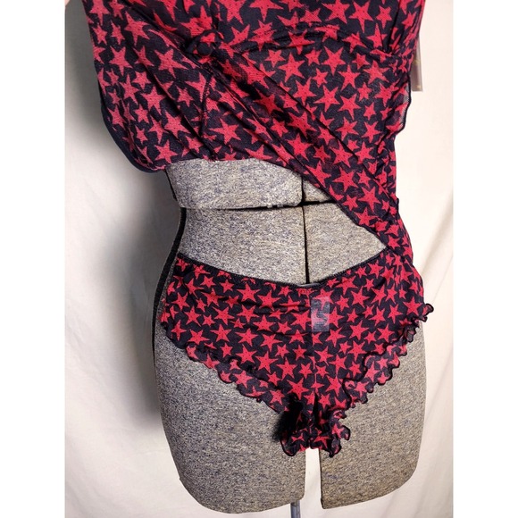 Vintage 90s Y2K Deadstock Black Red Star Bustier Top Panties Set Mesh Alt Goth L - Picture 3 of 11